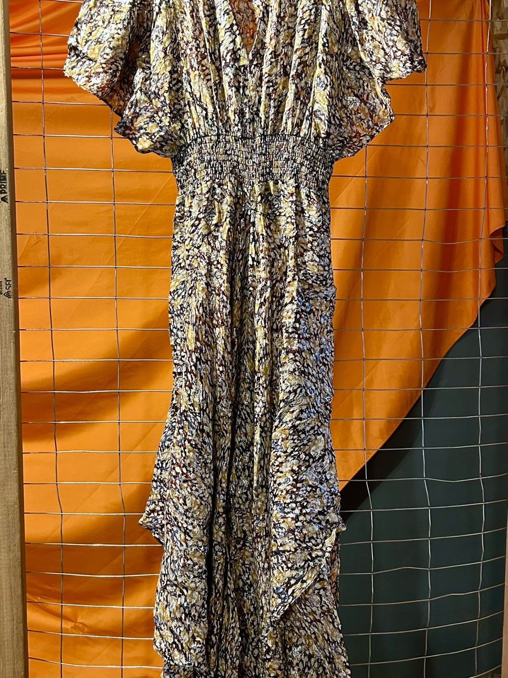 Maje Yellow and Navy Floral Smocked Maxi Dress